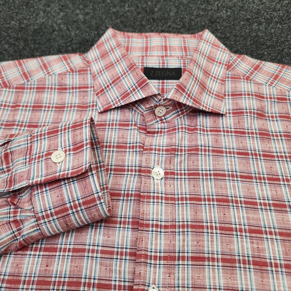 Z Zegna Mens Size 42-16.5 Red Blue Linen Blend Plaid Long Sleeve Ermenegildo